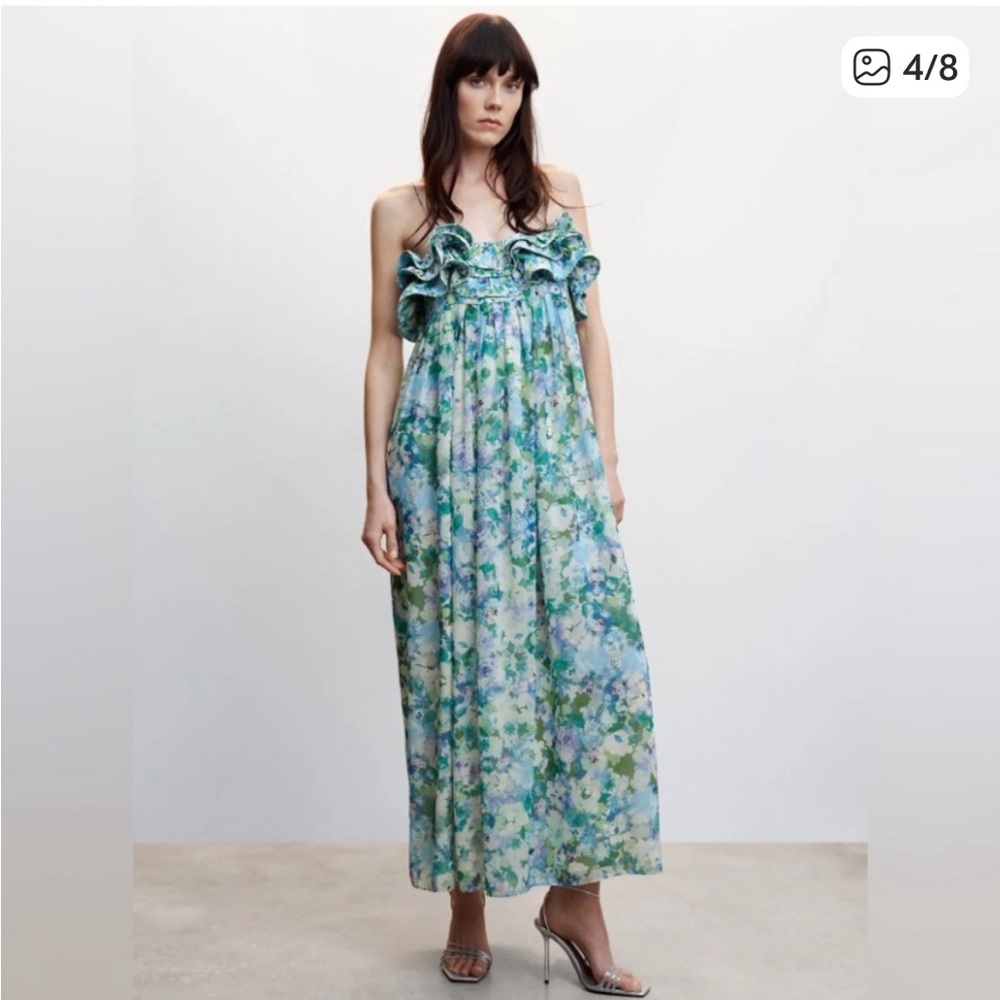 Mango Strapless Dress in Blue and Green Floral
